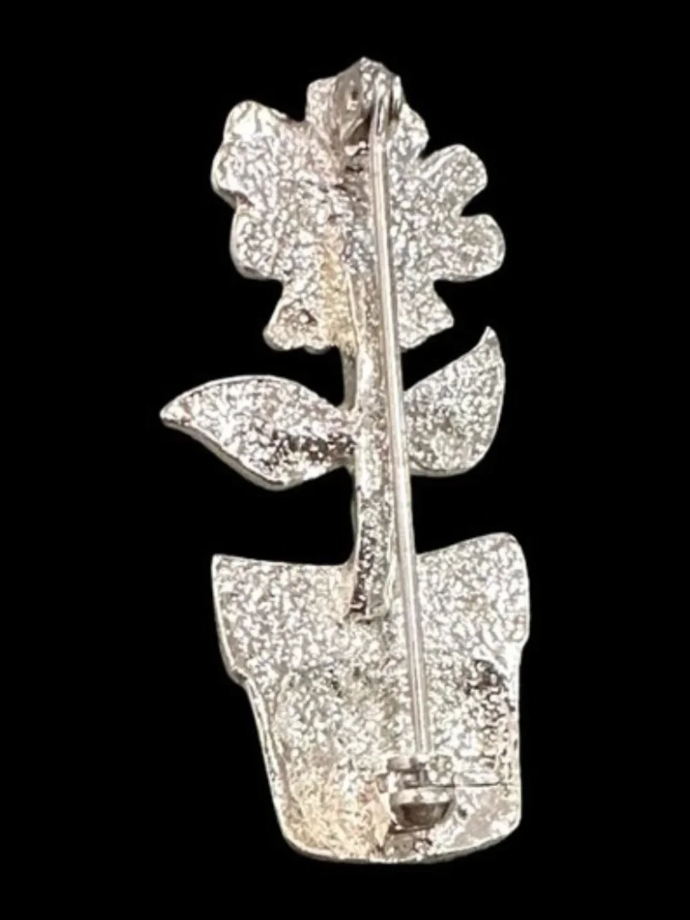 Vintage Silver-Tone Flower Pot Brooch With Pink Enamel Petals & Green Leaves 1.7